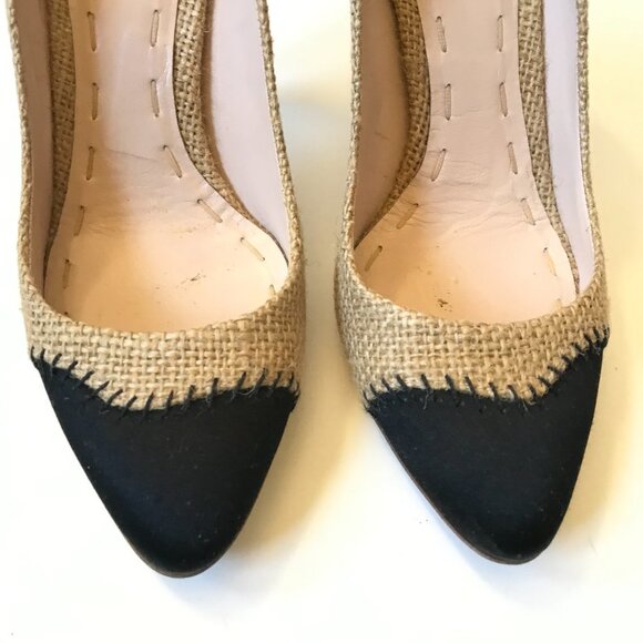 Miu Miu Tela Chic Pumps Heels Womens 36 6 Natural Beige Black Pointed Toe Jute - Picture 5 of 9
